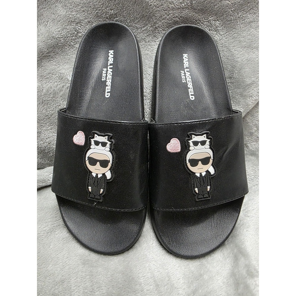 Karl Lagerfeld Paris Sandals Womens Size 7 Black Slide Logo Graphic Summer